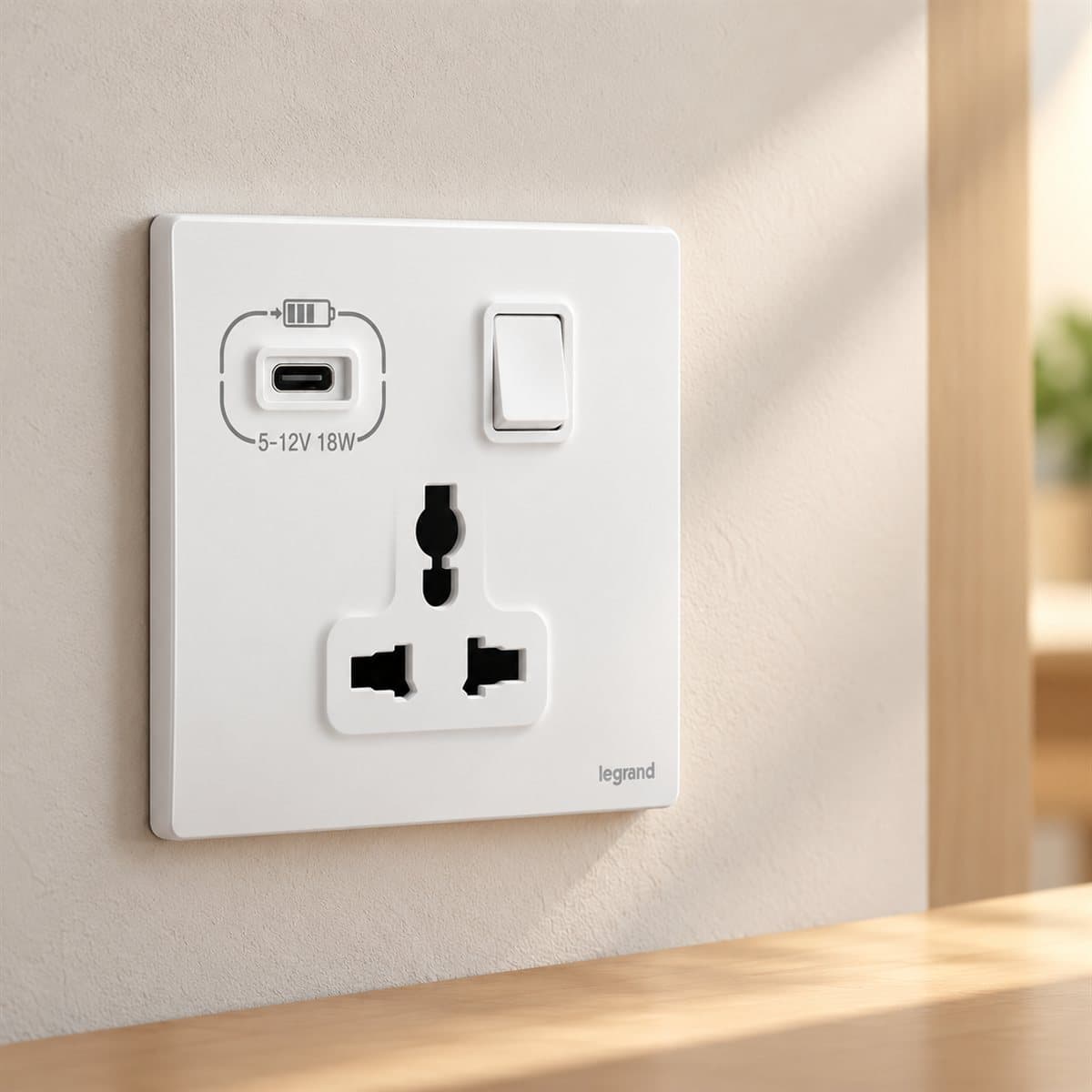 Ổ cắm đa năng có công tắc và ổ sạc USB Type C Mallia Senses Legrand đã lắp đặt trong nhà