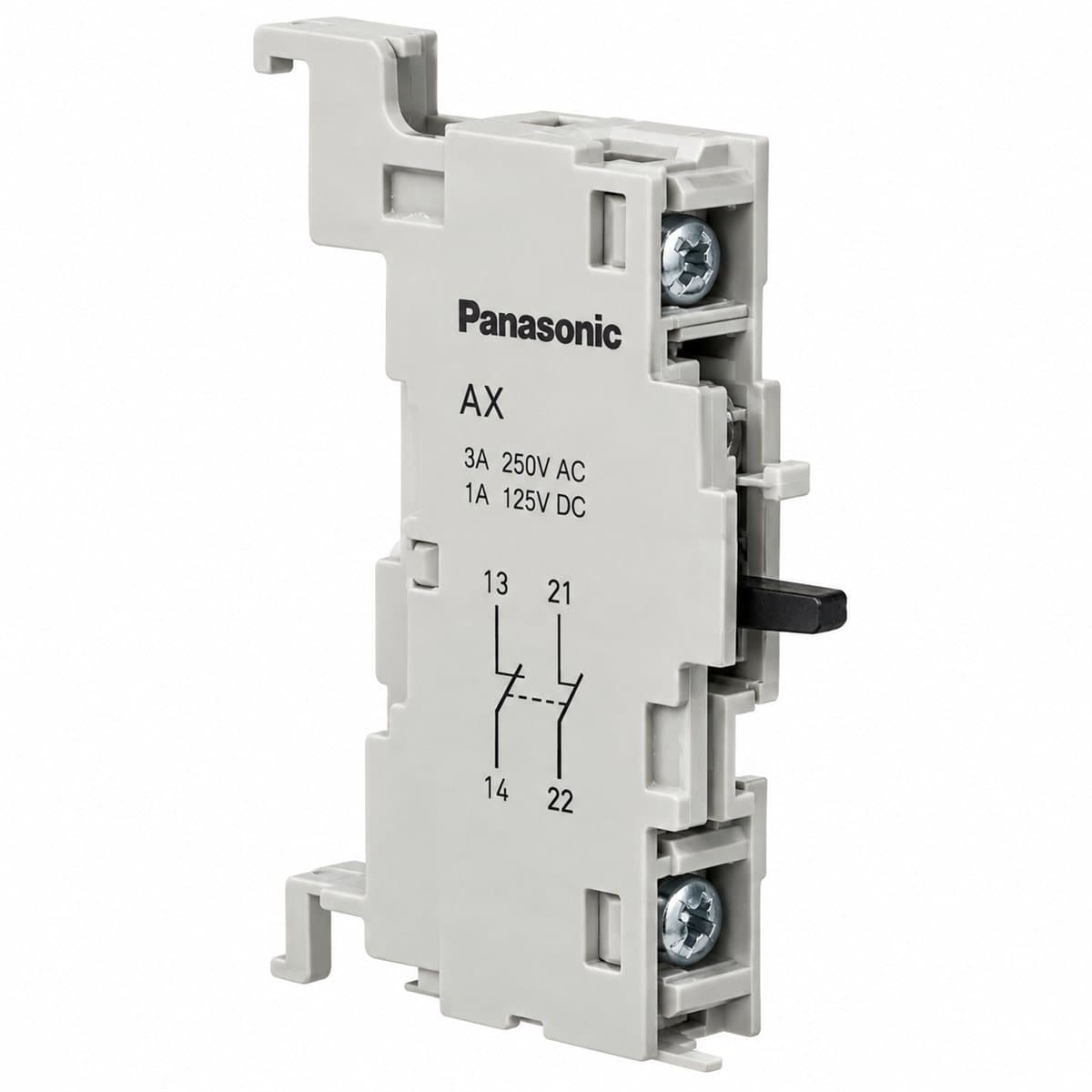 Tiếp điểm phụ báo trạng thái, bên trái MCCB SF Panasonic trên nền trắng, ảnh sản phẩm chính diện