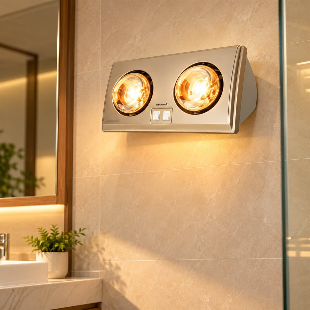 Đèn sưởi treo tường 2 bóng Panasonic đã lắp đặt, đang chiếu sáng