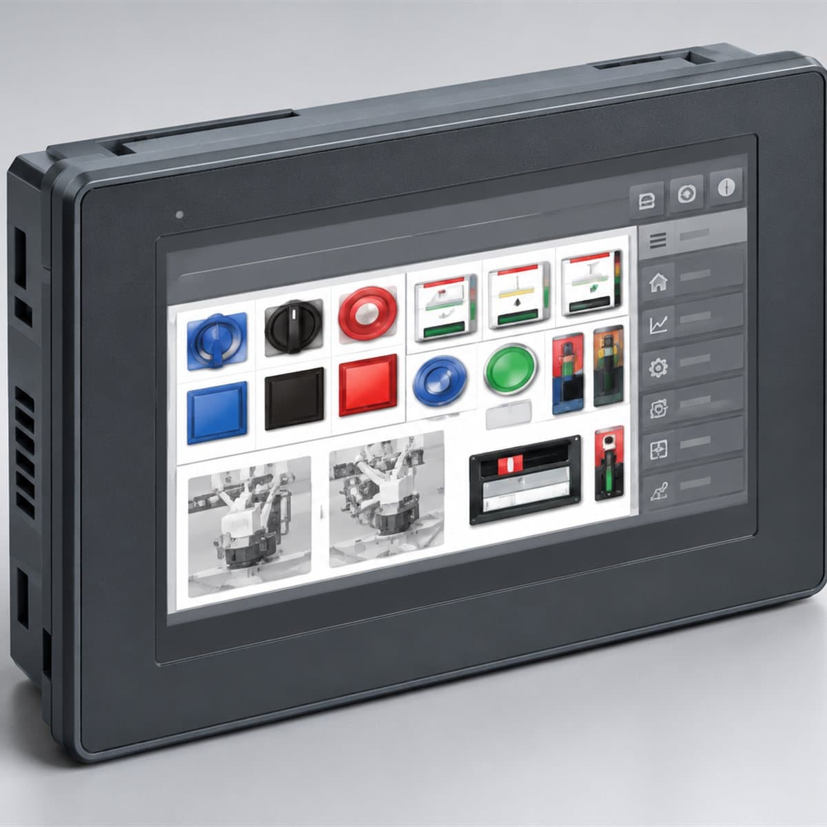 Màn hình HMI Harmony STO Schneider chụp góc nghiêng 3/4, thấy rõ mặt và cạnh bên