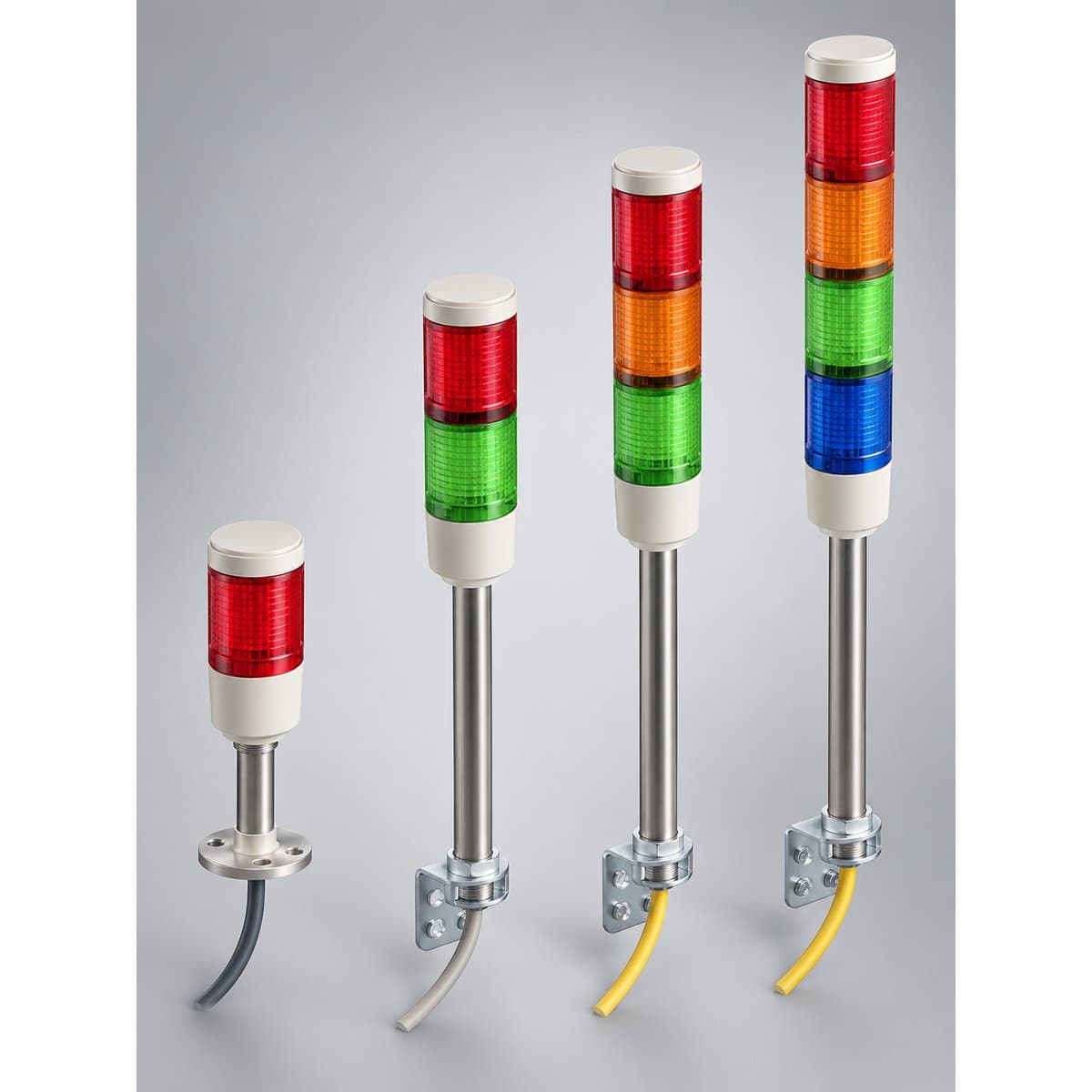 Đèn tháp Harmony XVM/XVC Schneider chụp góc nghiêng 3/4, thấy rõ mặt và cạnh bên