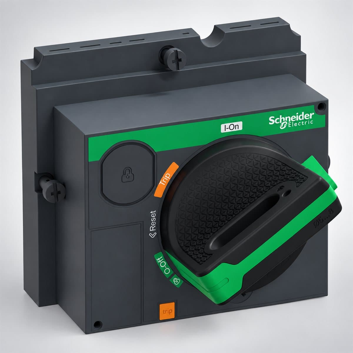Tay xoay trực tiếp cho MCCB ComPacT NSX Schneider chụp góc nghiêng 3/4, thấy rõ mặt và cạnh bên