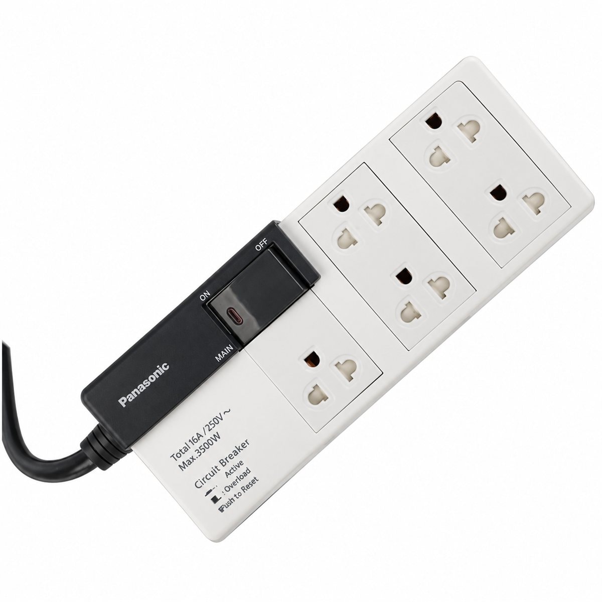 Ổ cắm có dây 5 ổ cắm, 1 công tắc, 3m Panasonic trên nền trắng, ảnh sản phẩm chính diện