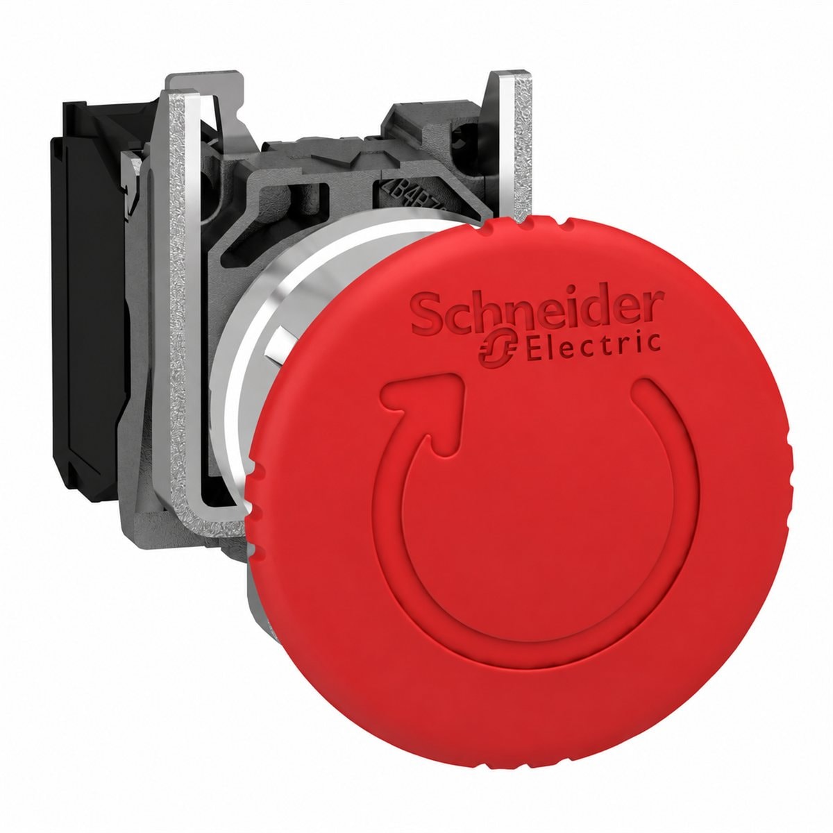 Nút dừng khẩn xoay nhả trọn bộ Harmony XB4 Schneider trên nền trắng, ảnh sản phẩm chính diện