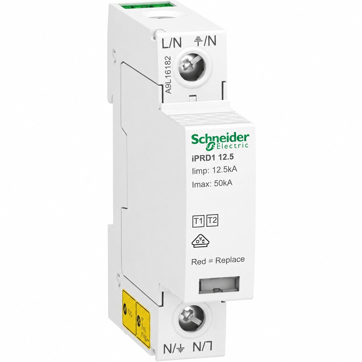 Chống sét lan truyền Acti9 iPRD1 Type 1+2 Schneider trên nền trắng, ảnh sản phẩm chính diện