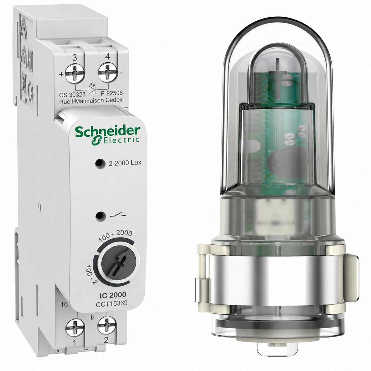 Cảm biến độ sáng gắn tường Schneider trên nền trắng, ảnh sản phẩm chính diện