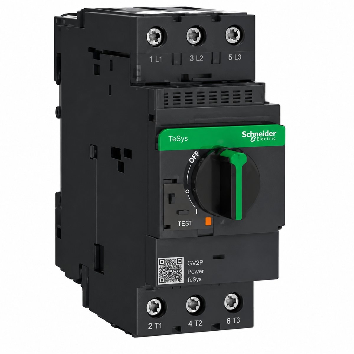 CB bảo vệ động cơ TeSys GV3P từ nhiệt Schneider trên nền trắng, ảnh sản phẩm chính diện
