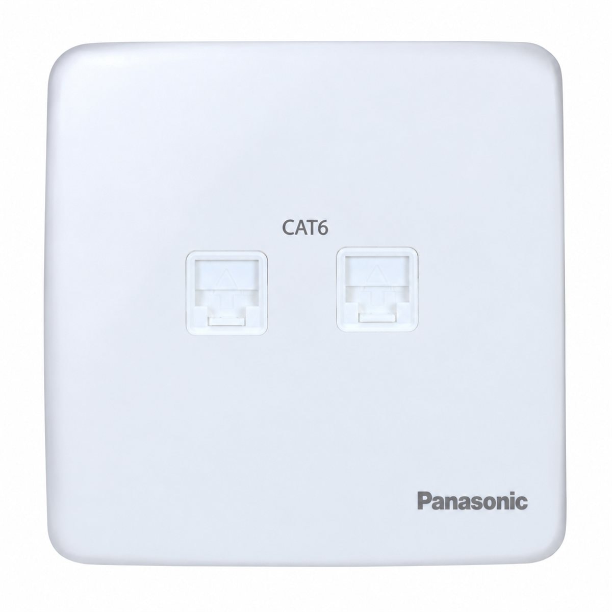 Bộ 2 ổ cắm data CAT6 Minerva Panasonic trên nền trắng, ảnh sản phẩm chính diện