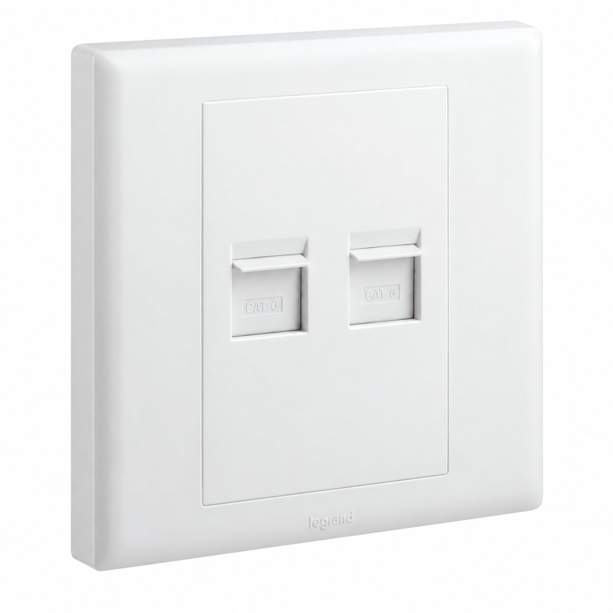 Ổ cắm mạng cat6 đôi Eloé Legrand trên nền trắng, ảnh sản phẩm chính diện