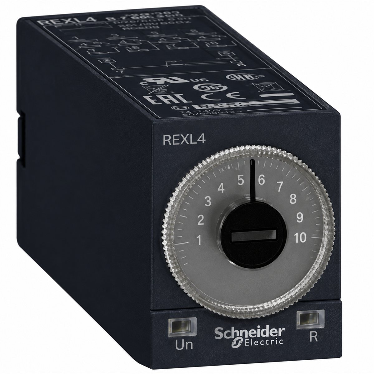 Rơ le thời gian cắm REXL Schneider trên nền trắng, ảnh sản phẩm chính diện