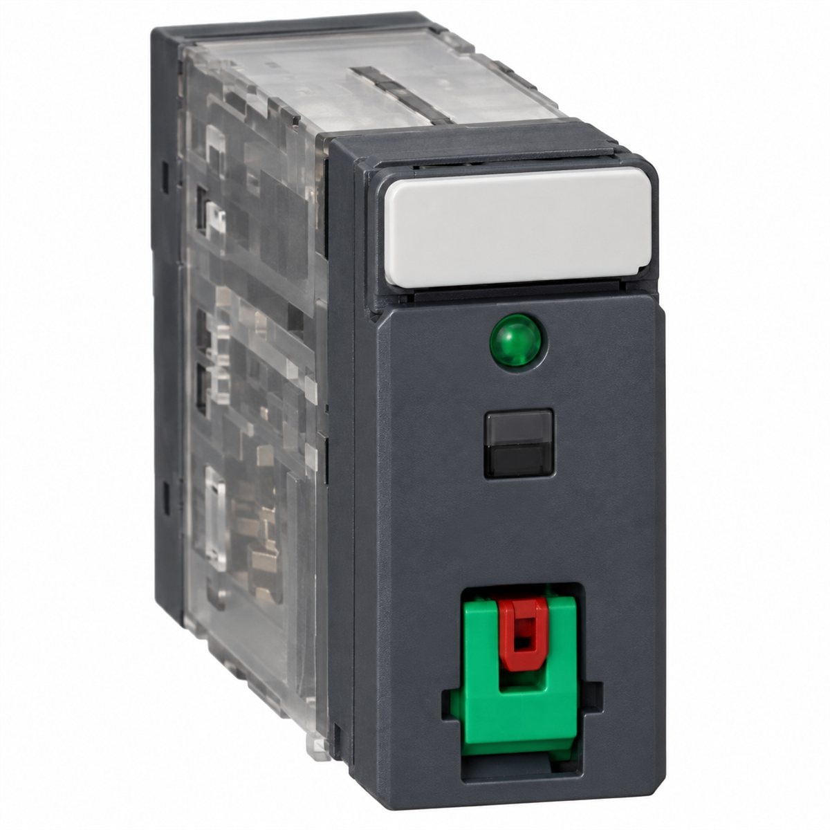 Rơ le giao tiếp Harmony RXG lắp sẵn đế Schneider trên nền trắng, ảnh sản phẩm chính diện