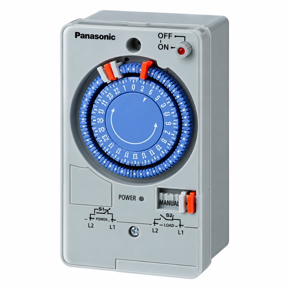Ổ cắm công nghiệp, chuông điện, công tắc đồng hồ Panasonic trên nền trắng, ảnh sản phẩm chính diện