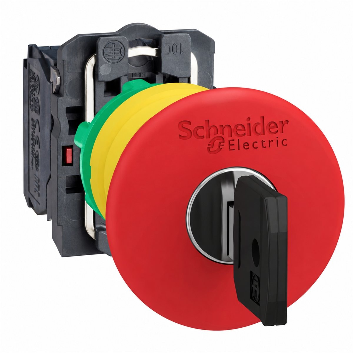Nút dừng khẩn nhả bằng chìa trọn bộ Harmony XB5 Schneider trên nền trắng, ảnh sản phẩm chính diện