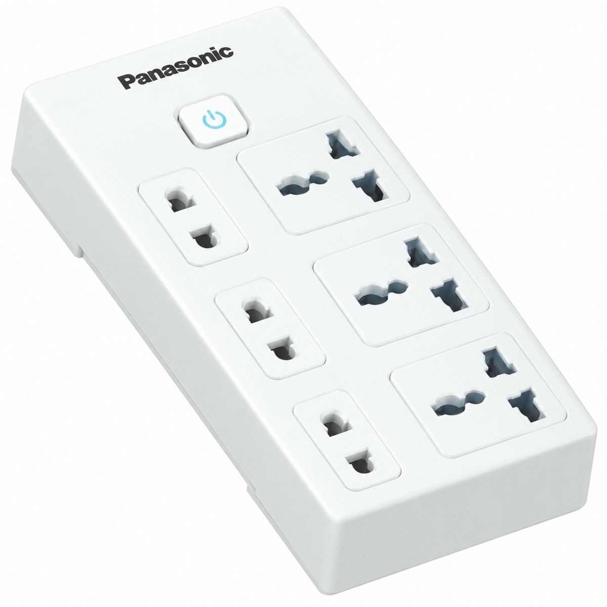 Ổ cắm có dây 3 ổ đa năng + 3 ổ 2 chấu + 1 công tắc Panasonic trên nền trắng, ảnh sản phẩm chính diện