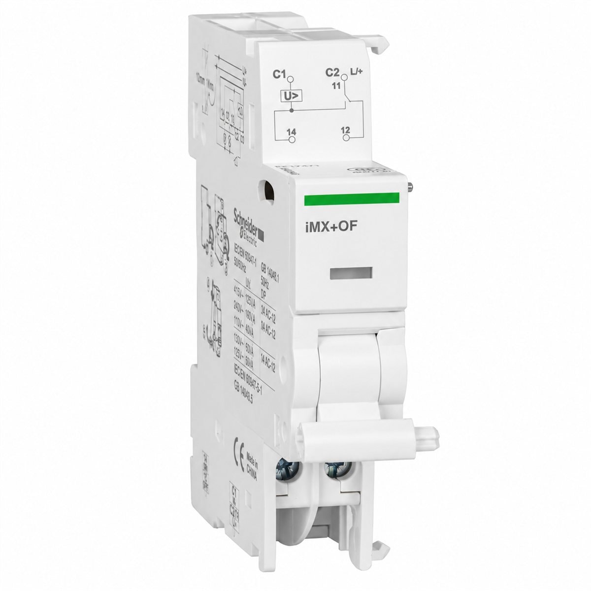 Cuộn shunt iMX+iOF cho Acti9 iC60 Schneider trên nền trắng, ảnh sản phẩm chính diện