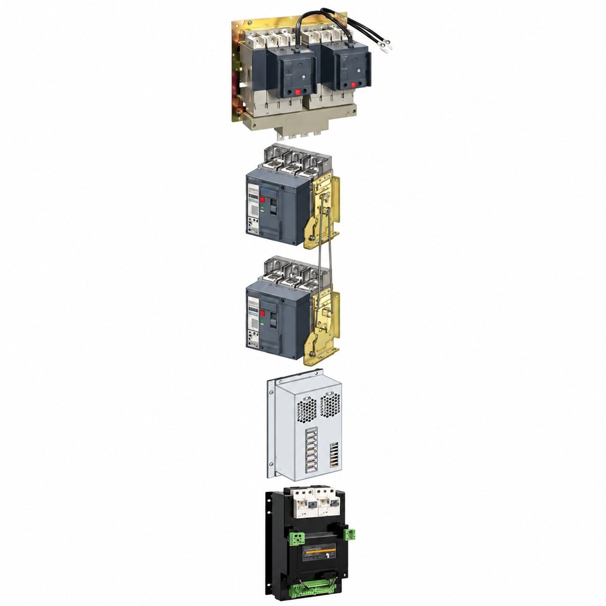 Bộ chuyển nguồn ATS ComPacT NS 800-1600A Schneider trên nền trắng, ảnh sản phẩm chính diện