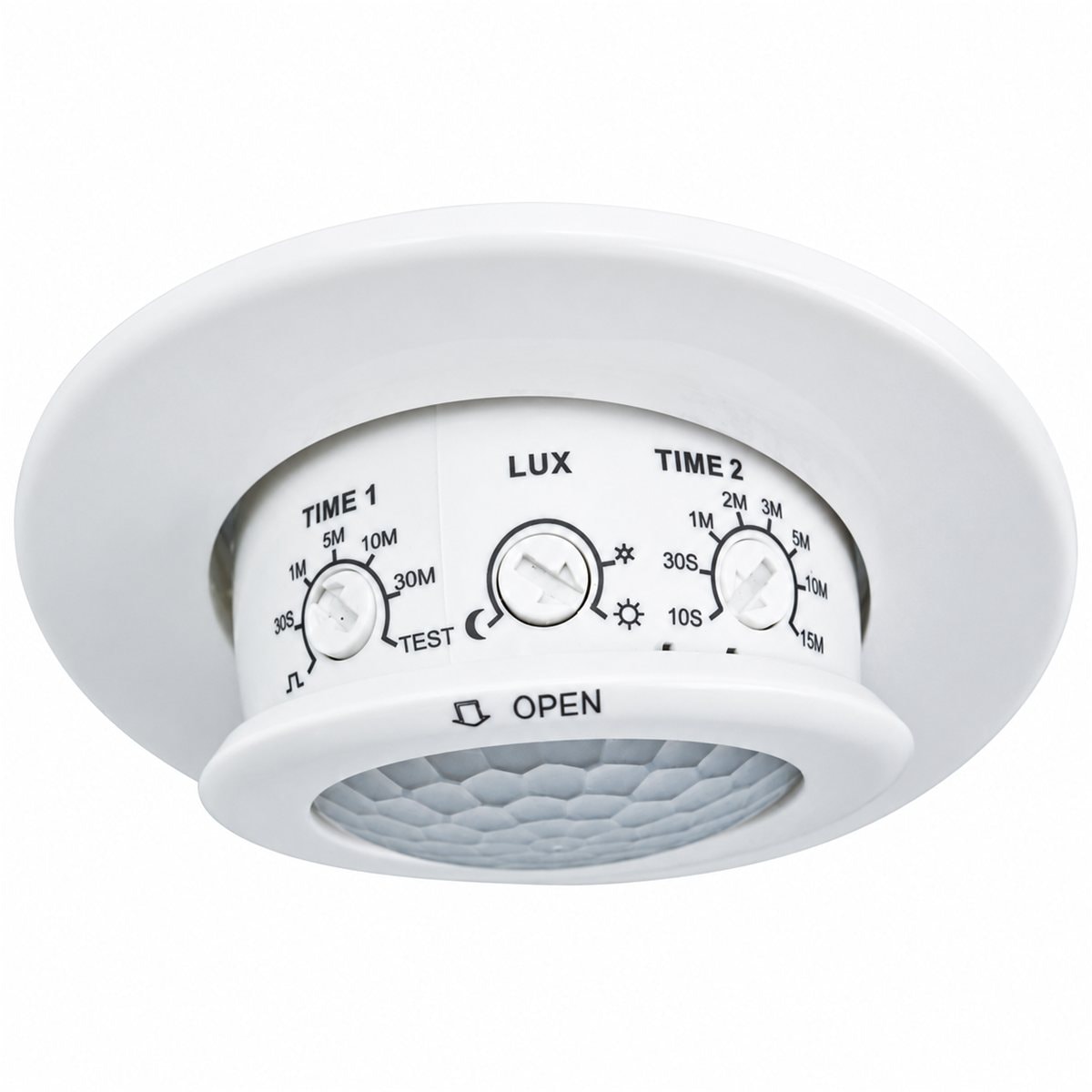 Cảm biến hồng ngoại mini 360 độ Schneider trên nền trắng, ảnh sản phẩm chính diện