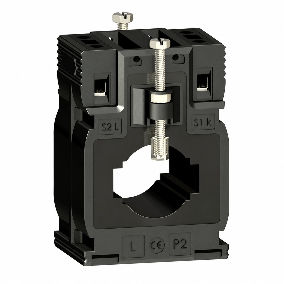 Máy biến dòng Ip/5A Type M (cáp/thanh) Schneider trên nền trắng, ảnh sản phẩm chính diện