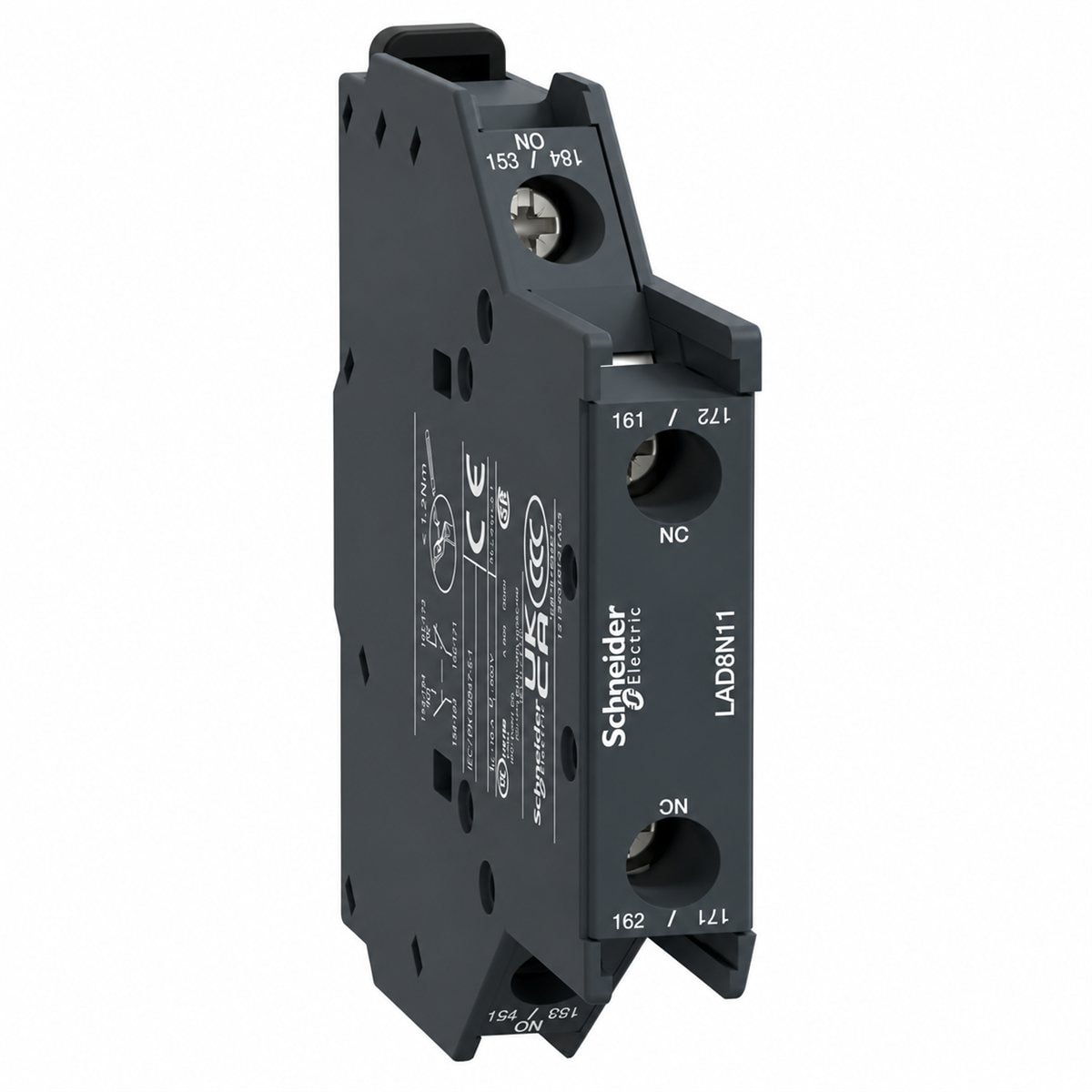 Khối tiếp điểm phụ gắn hông TeSys LAD8N Schneider trên nền trắng, ảnh sản phẩm chính diện