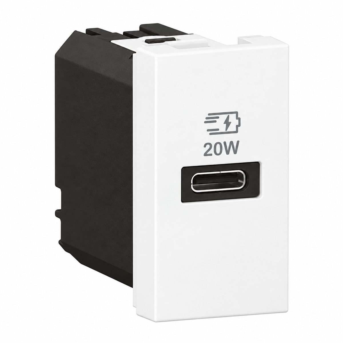 Ổ sạc USB đơn type C, 20W, 1 mô-đun Mosaic cho hộp âm sàn Legrand trên nền trắng, ảnh sản phẩm chính diện