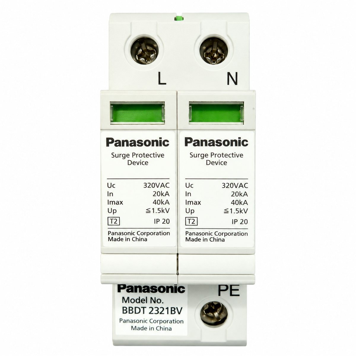Thiết bị chống sét lan truyền SPD Panasonic trên nền trắng, ảnh sản phẩm chính diện