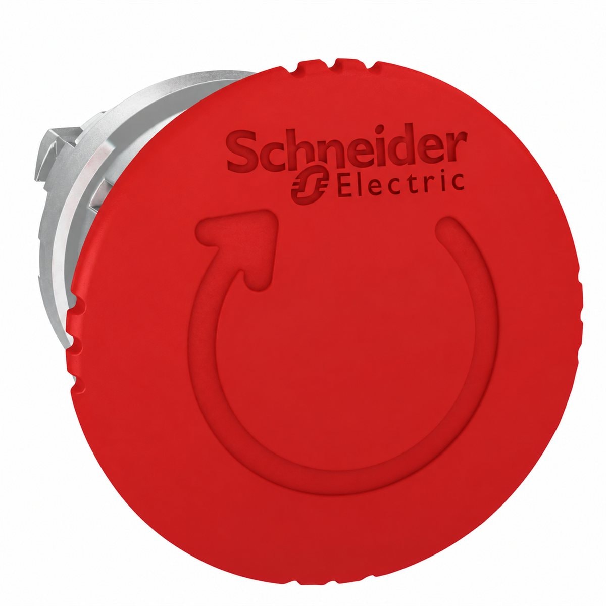 Đầu nút dừng khẩn xoay nhả Harmony XB4 Schneider trên nền trắng, ảnh sản phẩm chính diện