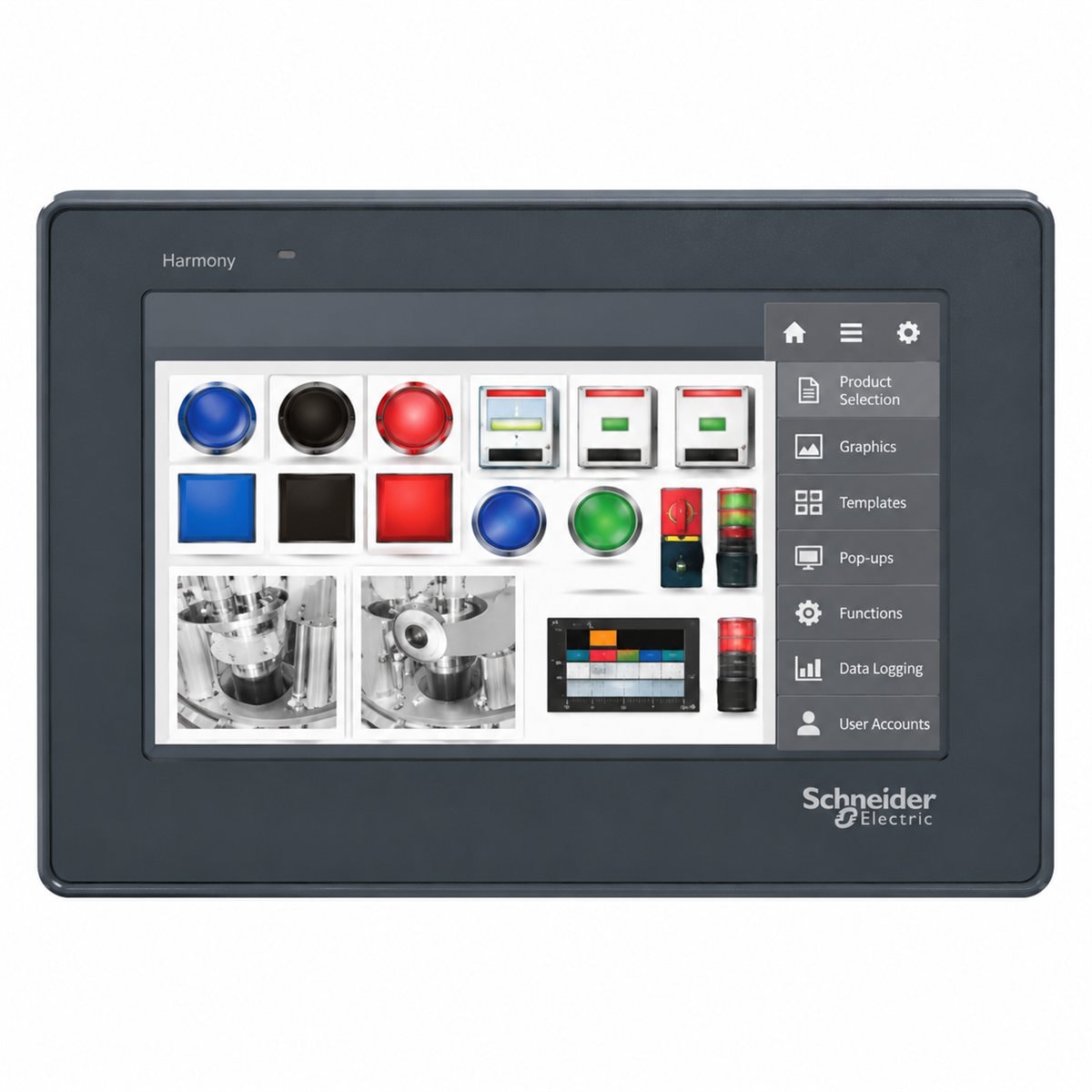Màn hình HMI Harmony STO Schneider trên nền trắng, ảnh sản phẩm chính diện