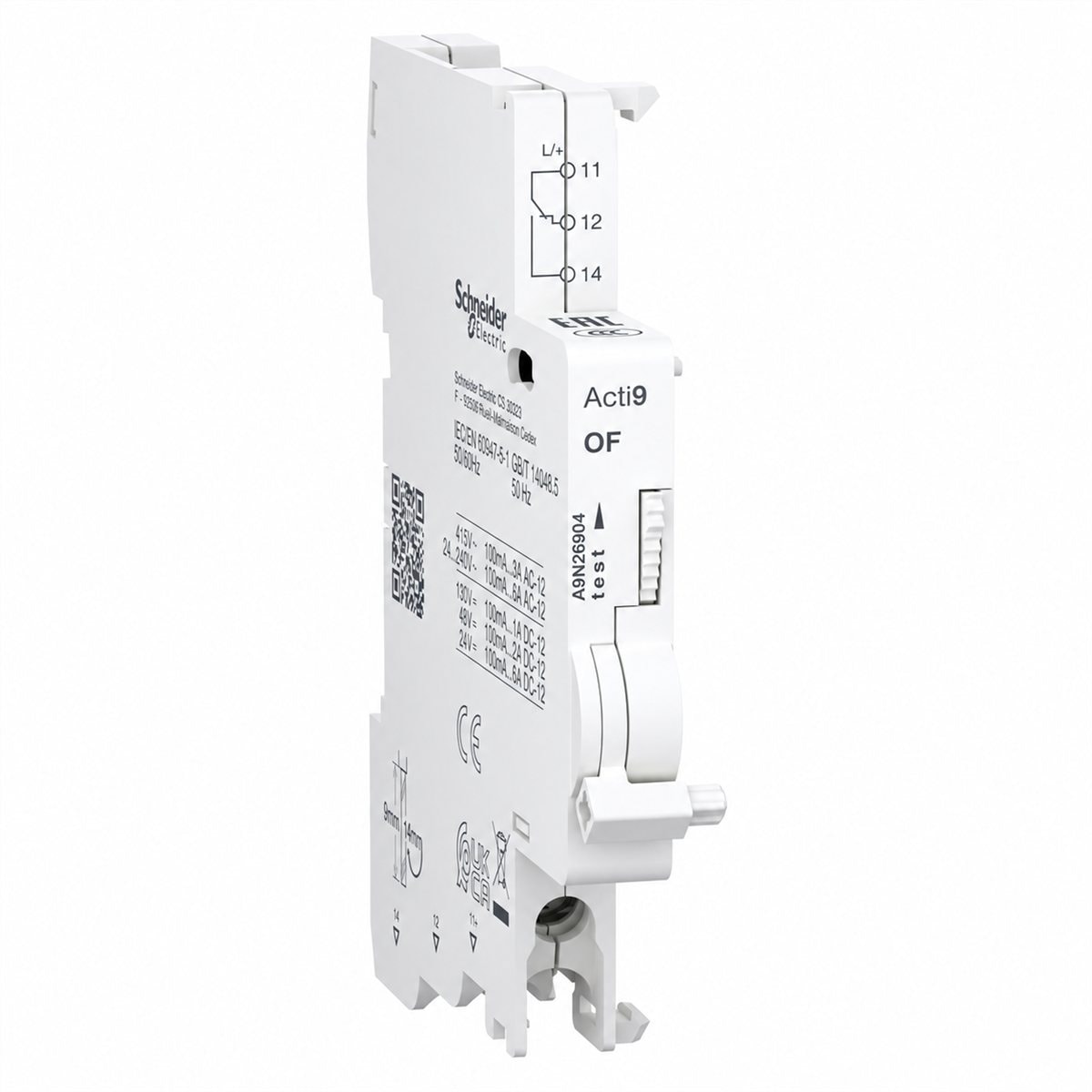 Tiếp điểm phụ & báo lỗi cho Acti9 C60H-DC, C120 Schneider trên nền trắng, ảnh sản phẩm chính diện