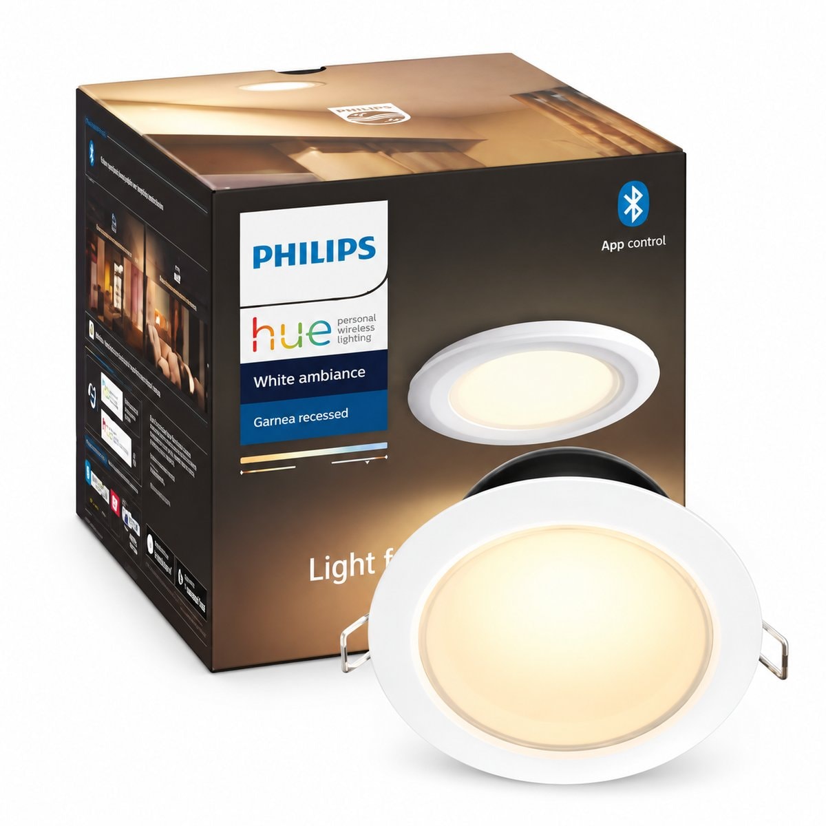 Đèn âm trần thông minh Hue Garnea White Ambiance Philips trên nền trắng, ảnh sản phẩm chính diện