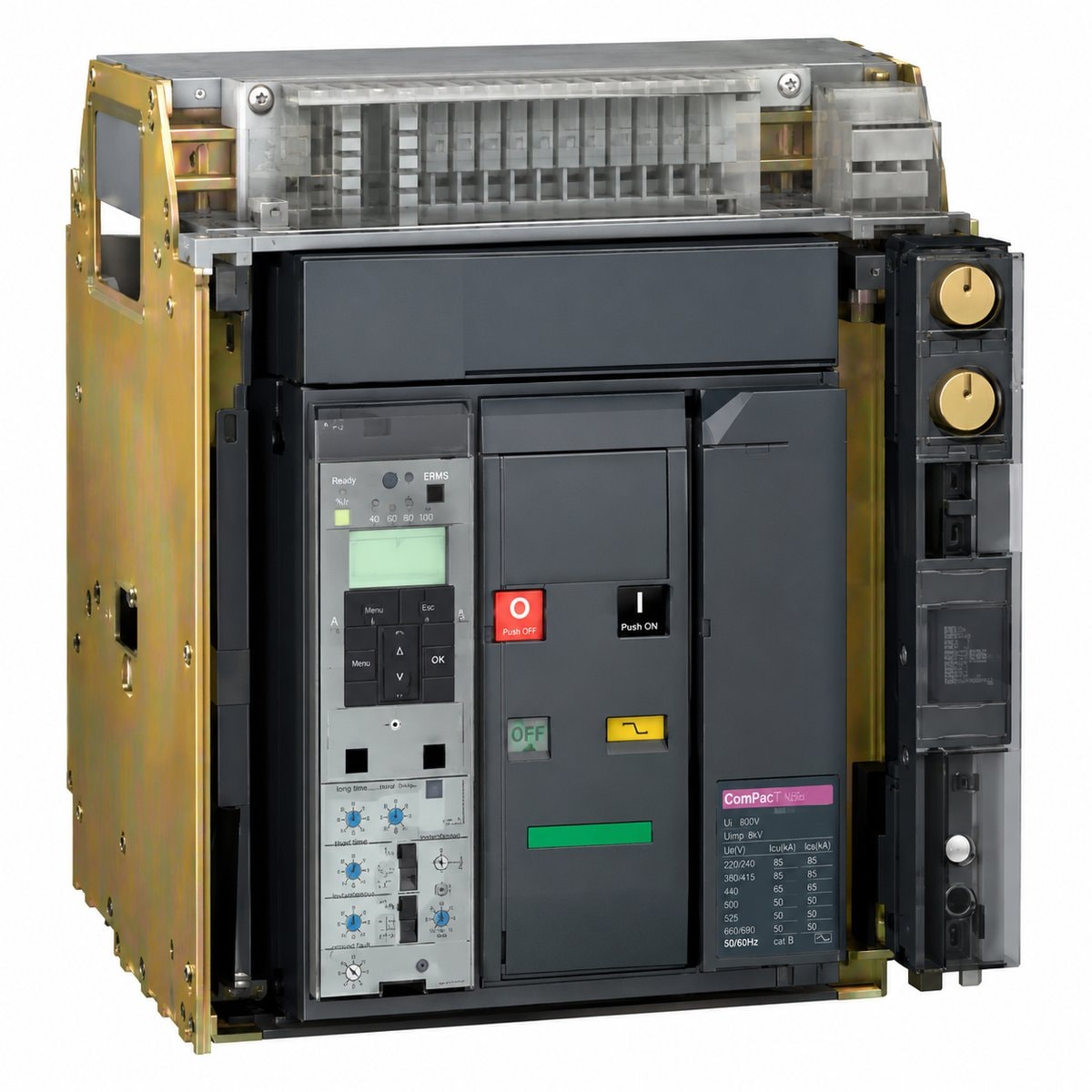 MCCB ComPacT NS loại kéo rút Schneider trên nền trắng, ảnh sản phẩm chính diện