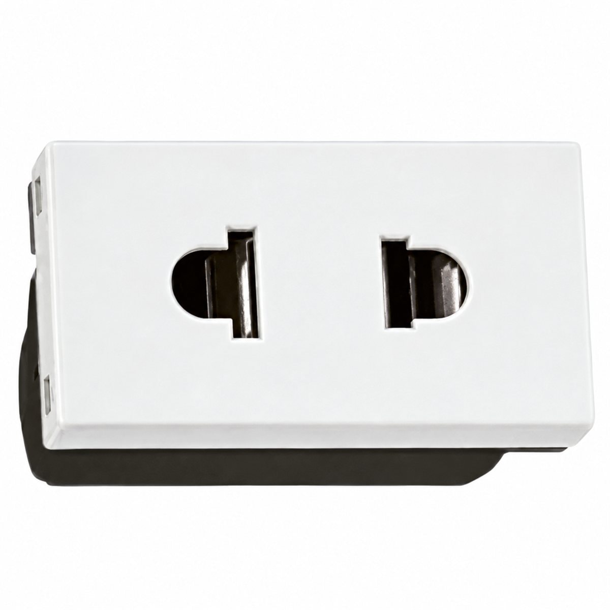 Ổ cắm đơn 2 chấu, 1 mô-đun Rivia Legrand trên nền trắng, ảnh sản phẩm chính diện