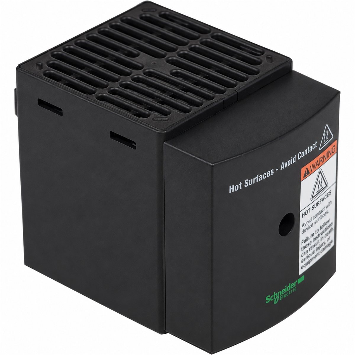 Điện trở sưởi cách điện có quạt cho tủ điện Schneider trên nền trắng, ảnh sản phẩm chính diện
