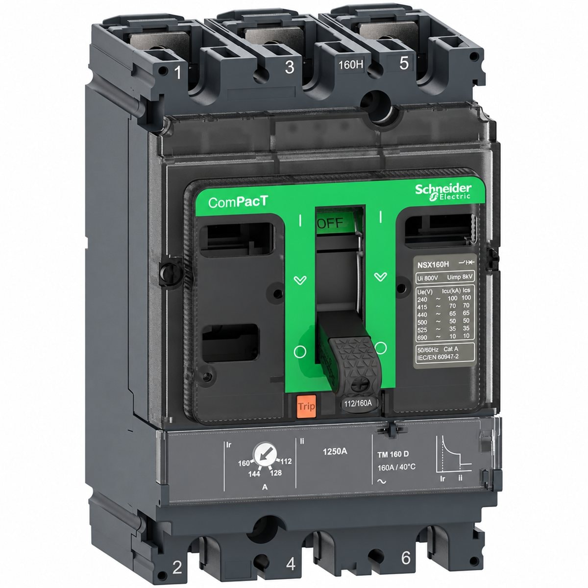 MCCB ComPacT NSX100 N/H cố định Schneider trên nền trắng, ảnh sản phẩm chính diện