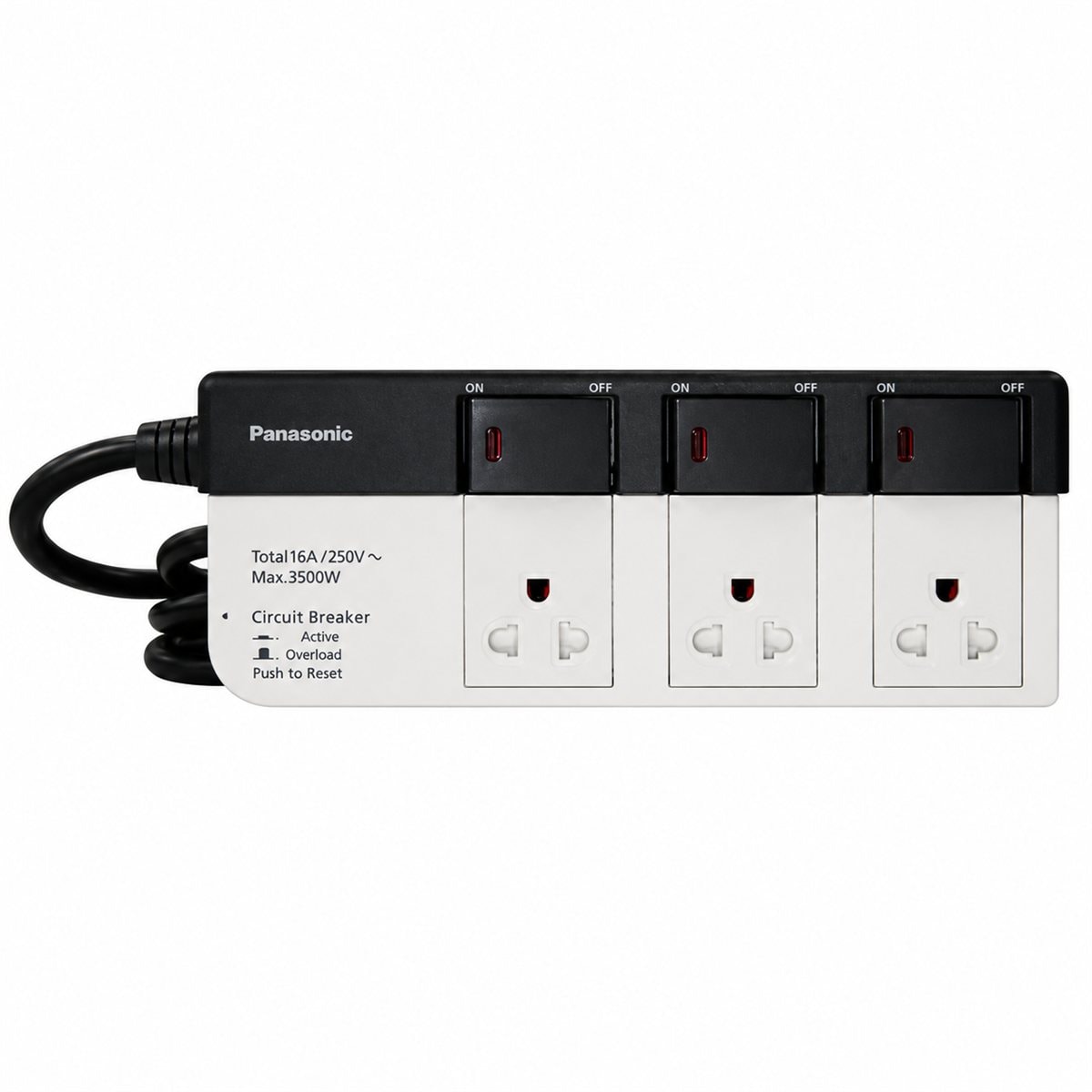 Ổ cắm có dây 3 ổ cắm, 3 công tắc phụ, 3m Panasonic trên nền trắng, ảnh sản phẩm chính diện