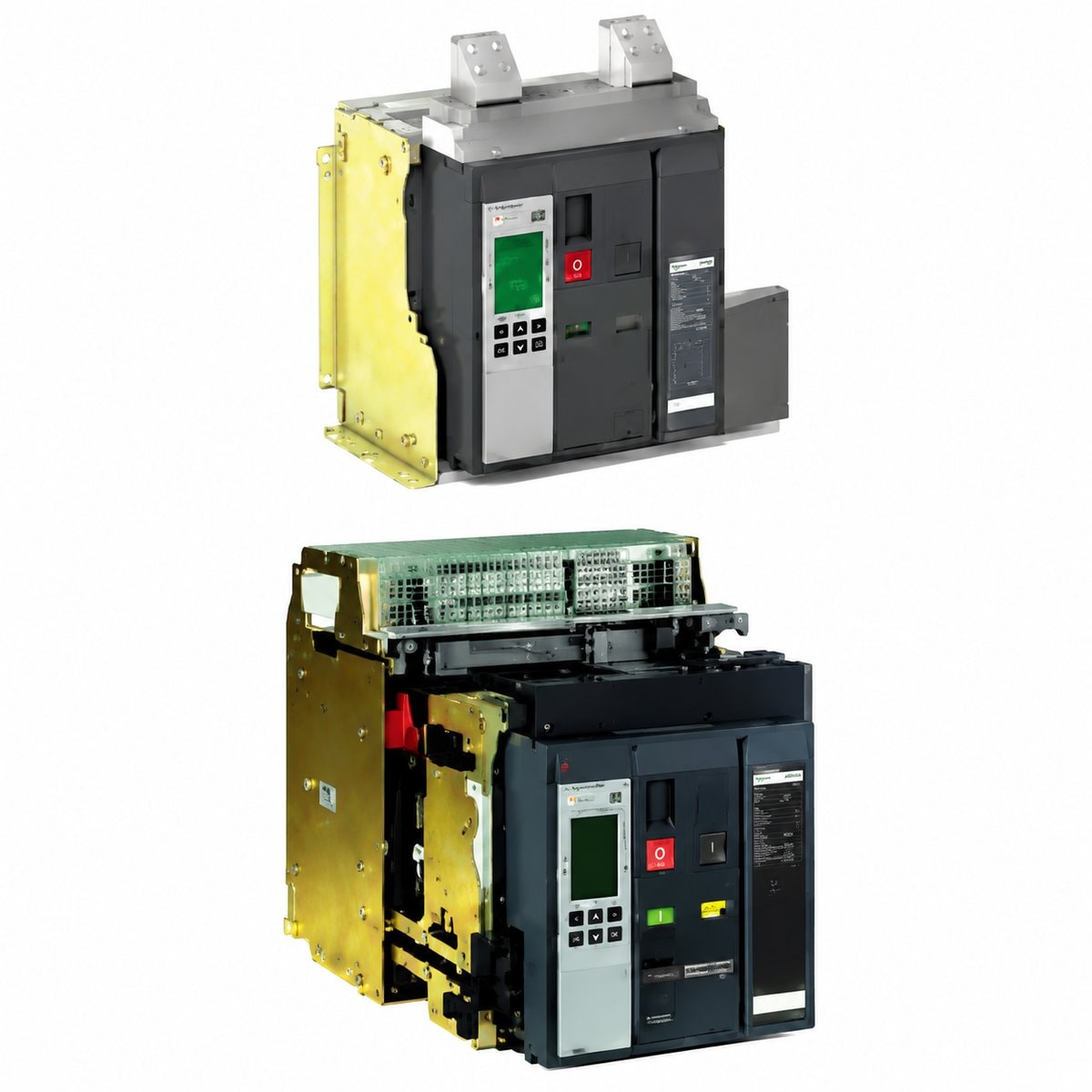 ACB MasterPacT NT và phụ kiện Schneider trên nền trắng, ảnh sản phẩm chính diện