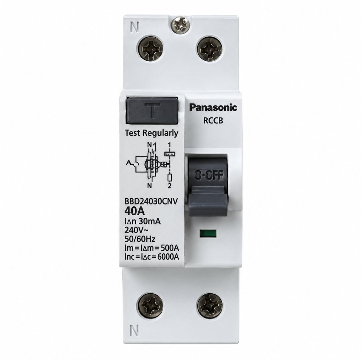 Cầu dao chống dòng rò RCCB Panasonic trên nền trắng, ảnh sản phẩm chính diện