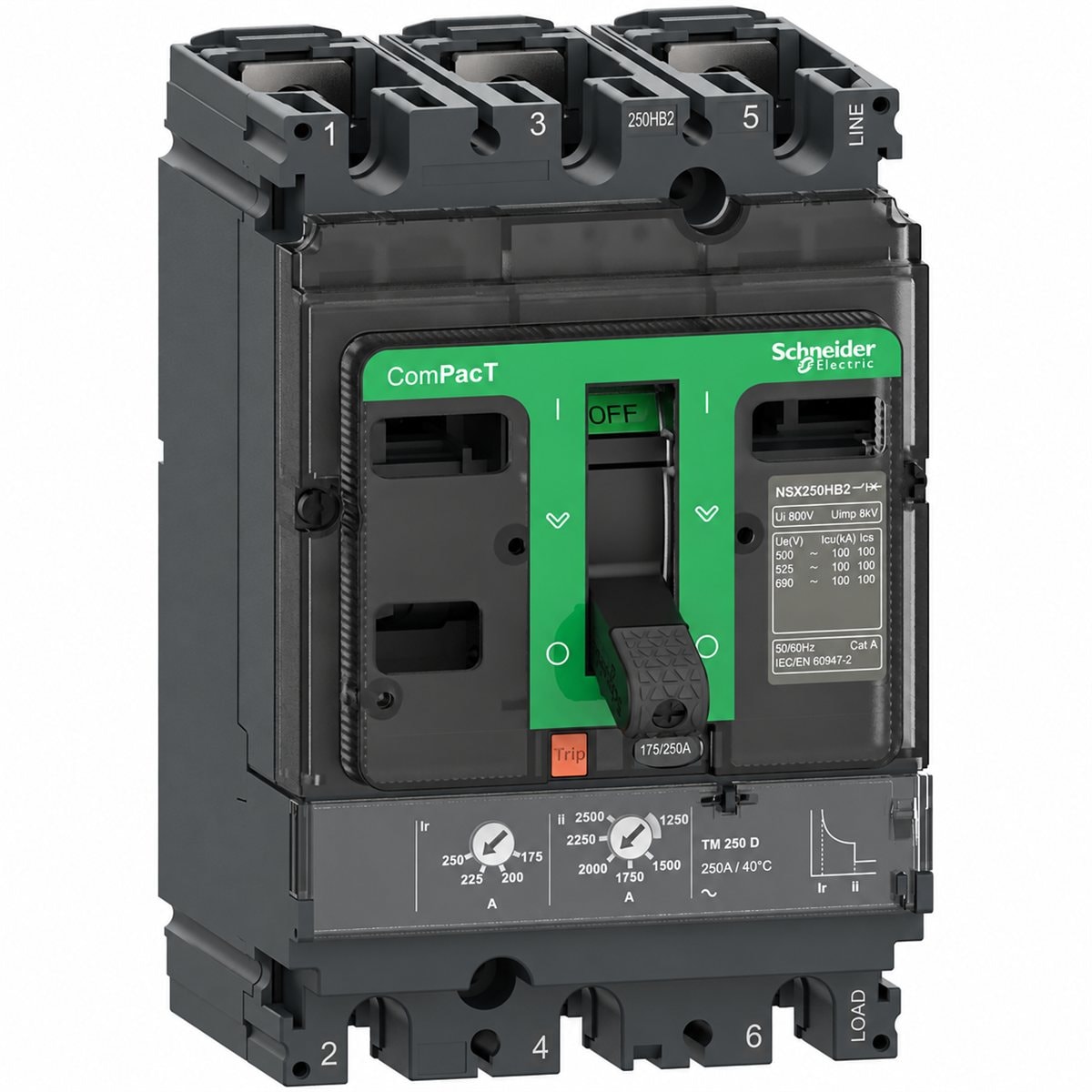 MCCB ComPacT NSX250 N/H cố định Schneider trên nền trắng, ảnh sản phẩm chính diện
