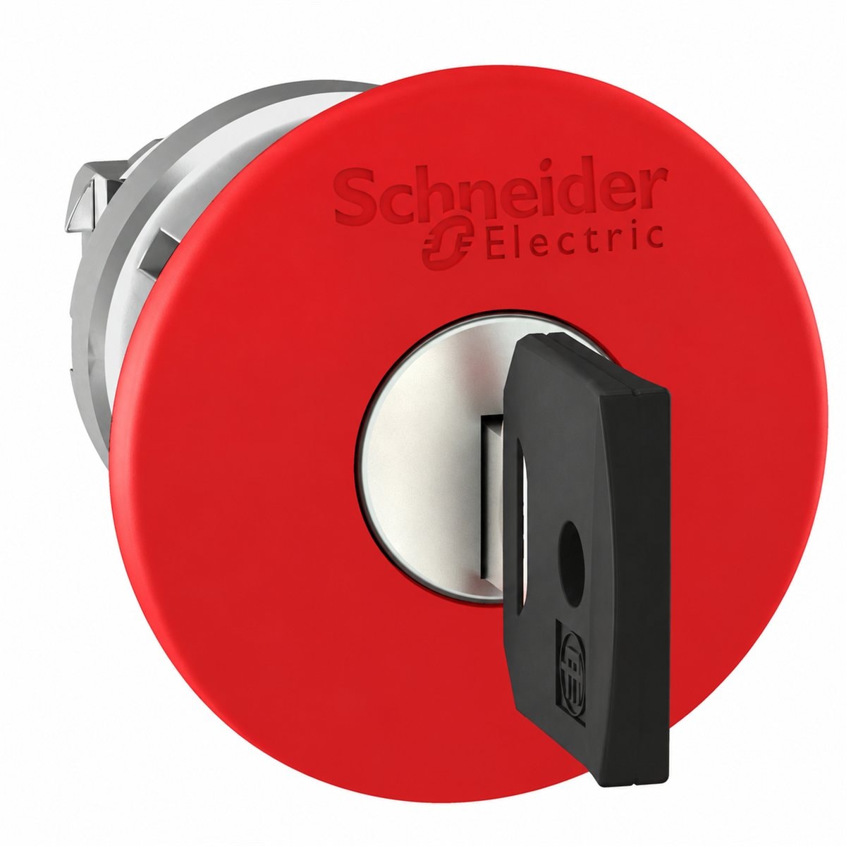 Đầu nút dừng khẩn nhả bằng chìa Harmony XB4 Schneider trên nền trắng, ảnh sản phẩm chính diện