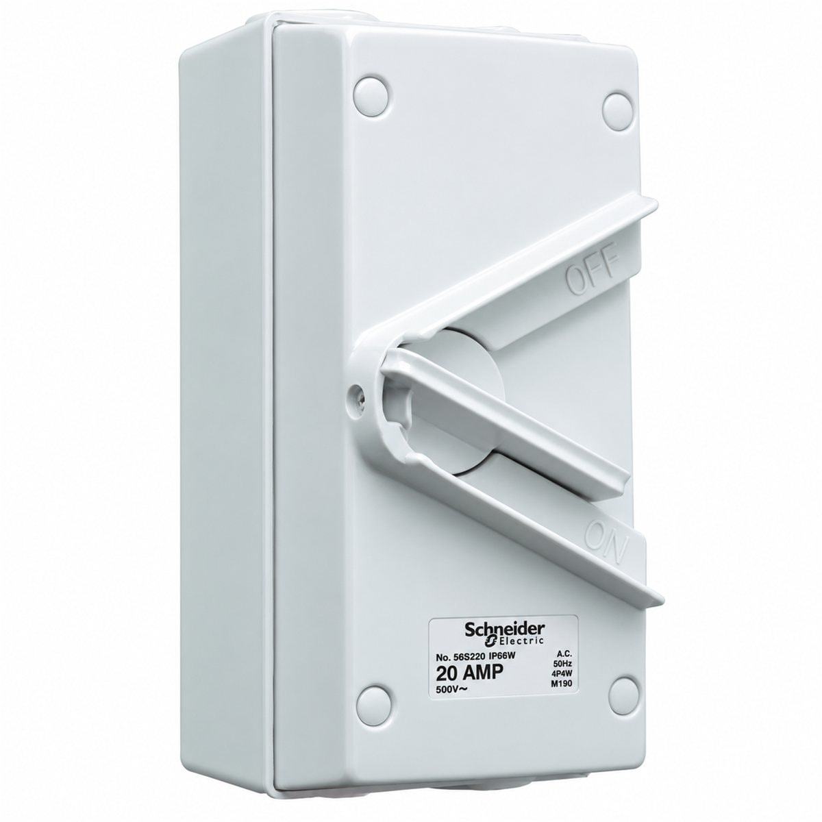 Cầu dao cách ly chống nước S56 Schneider trên nền trắng, ảnh sản phẩm chính diện