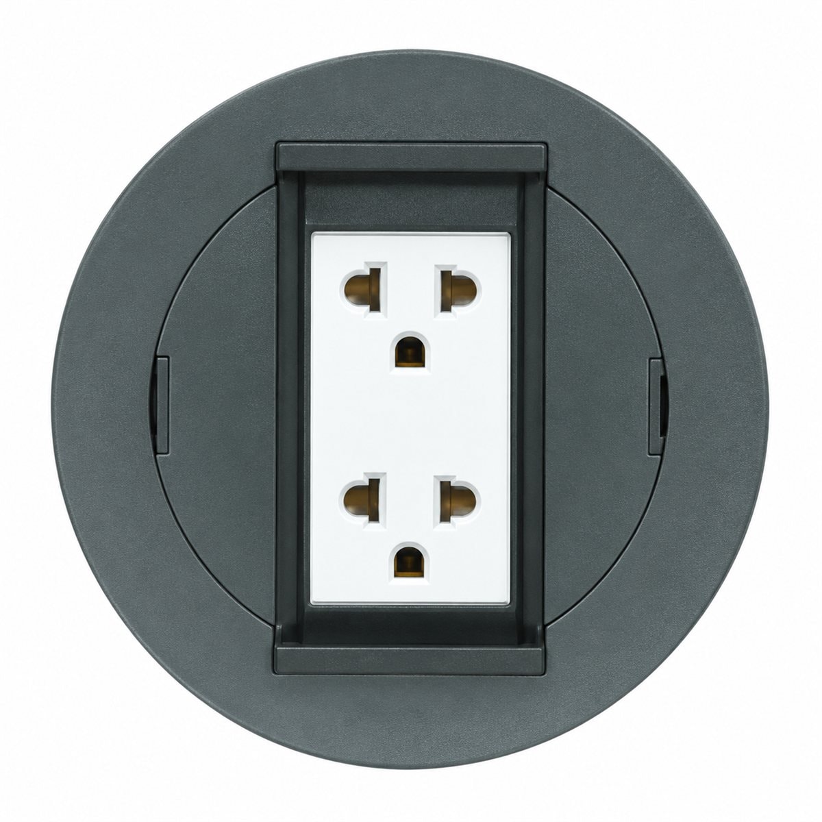 Bộ ổ cắm âm sàn 2 ổ cắm có dây nối đất Panasonic trên nền trắng, ảnh sản phẩm chính diện