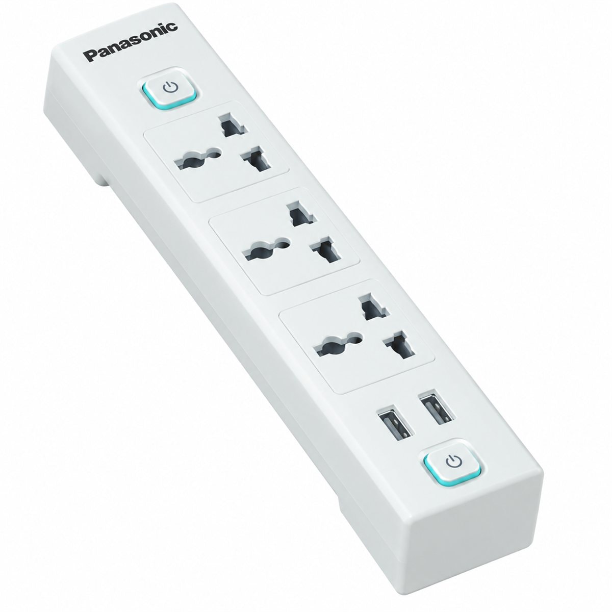 Ổ cắm có dây 3 ổ đa năng + 2 USB + 2 công tắc Panasonic trên nền trắng, ảnh sản phẩm chính diện