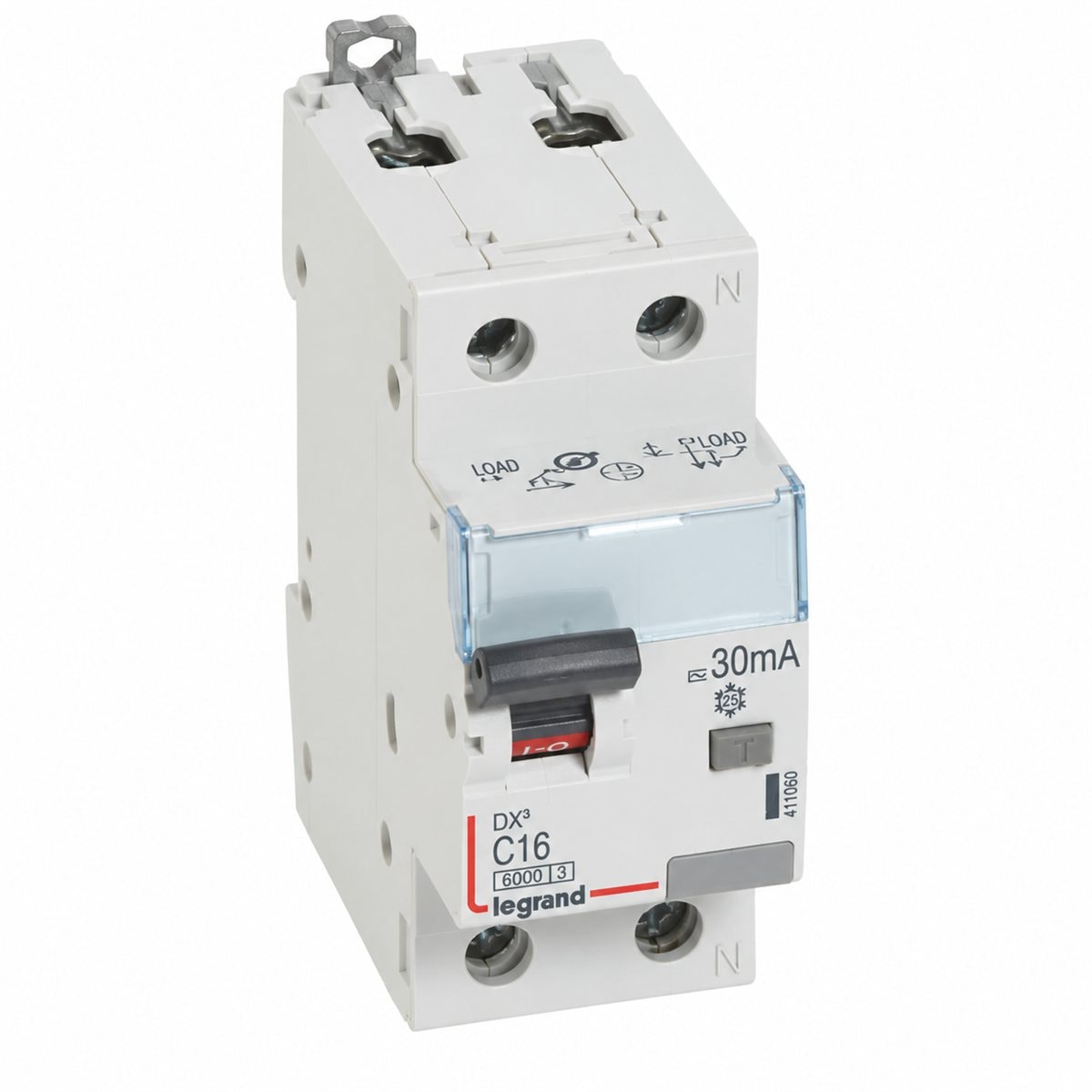 Cầu dao chống rò RCBO DX3 Legrand trên nền trắng, ảnh sản phẩm chính diện