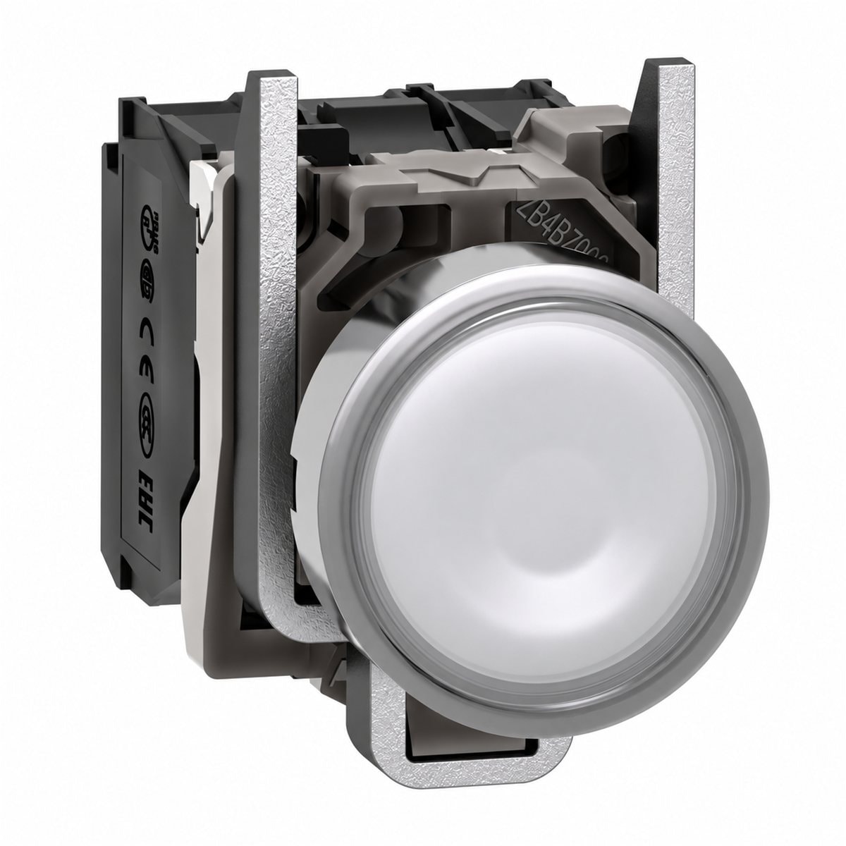 Nút nhấn có đèn trọn bộ Harmony XB4 Ø22 Schneider trên nền trắng, ảnh sản phẩm chính diện
