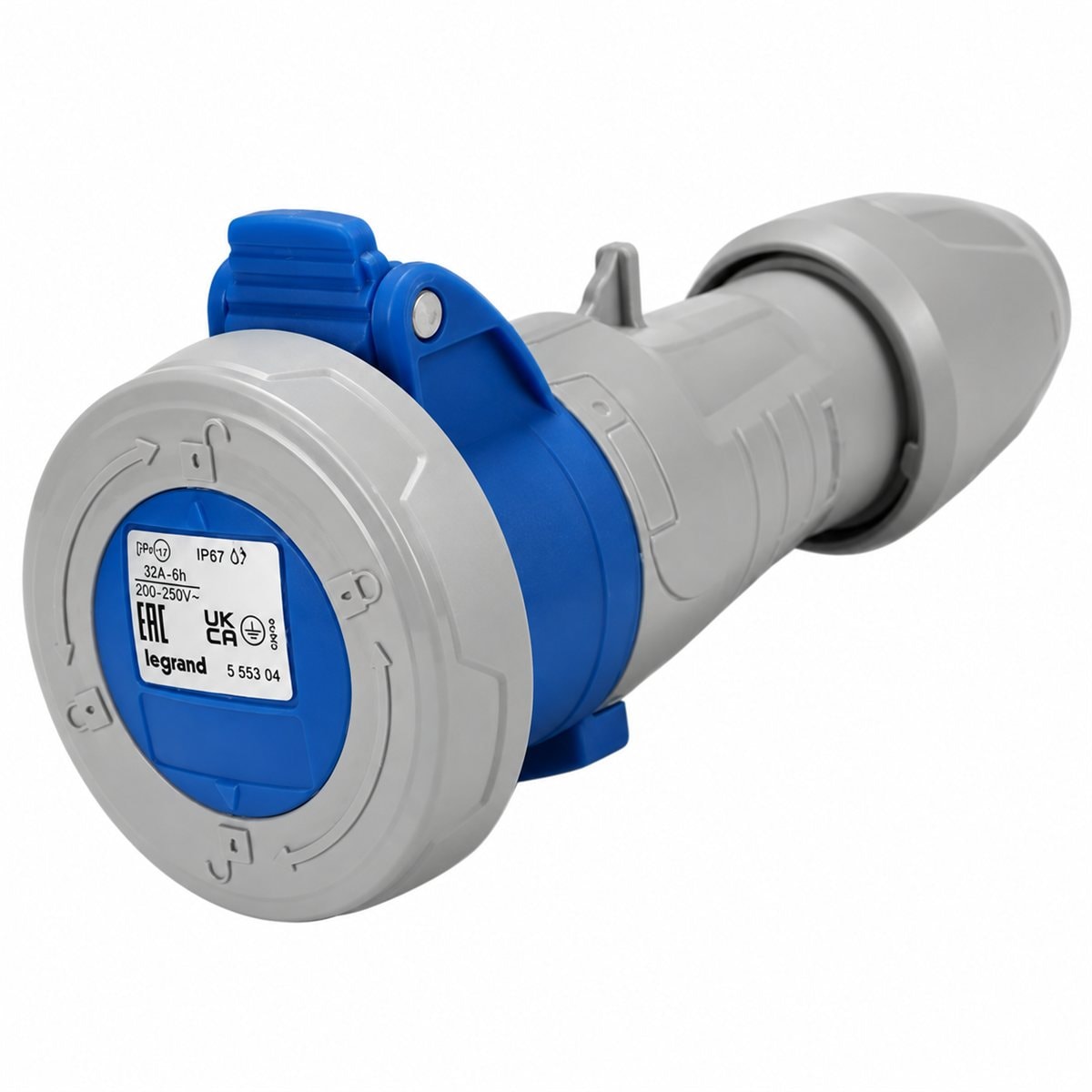 Ổ cắm nối công nghiệp P17 Tempra Pro IP67 Legrand trên nền trắng, ảnh sản phẩm chính diện