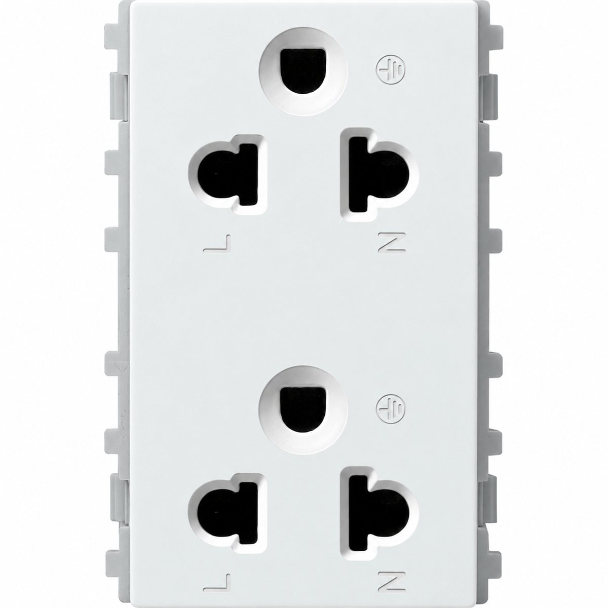 Ổ cắm đôi 3 chấu ZENcelo A Schneider trên nền trắng, ảnh sản phẩm chính diện