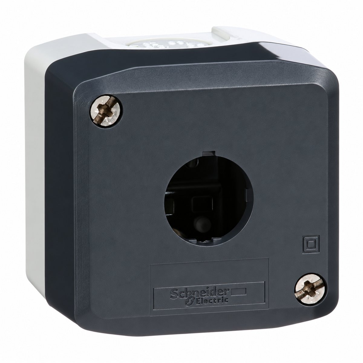 Hộp điều khiển rỗng 1 lỗ Harmony XAL Schneider trên nền trắng, ảnh sản phẩm chính diện