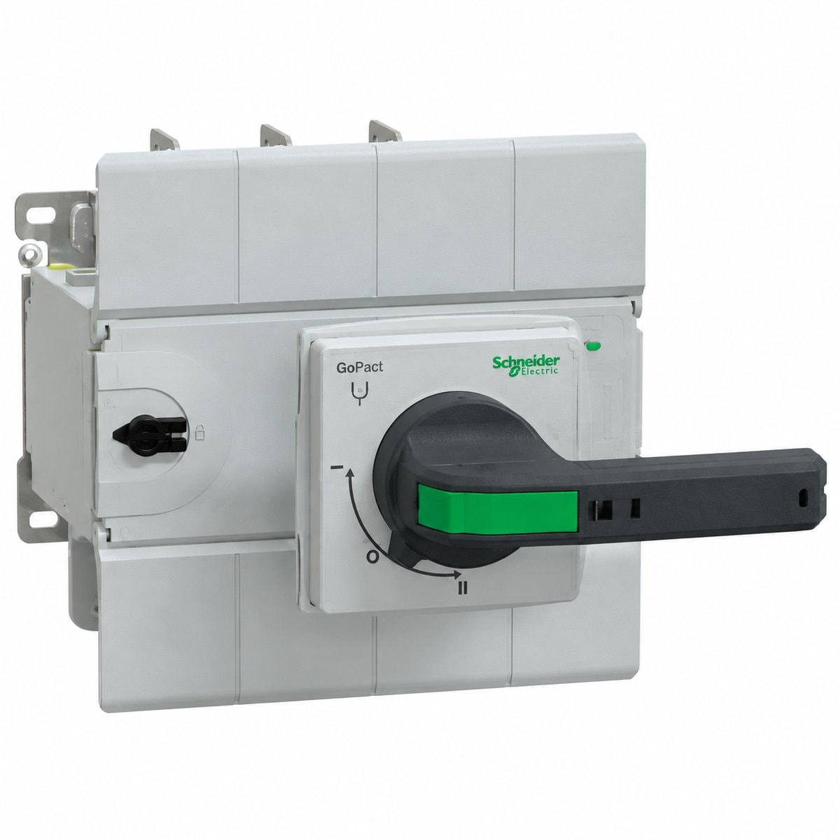 Bộ chuyển nguồn tay GoPact MTS Schneider trên nền trắng, ảnh sản phẩm chính diện