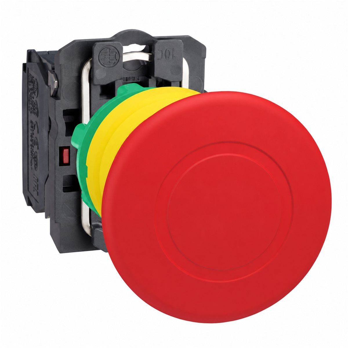 Nút dừng khẩn nhấn-kéo nhả trọn bộ Harmony XB5 Schneider trên nền trắng, ảnh sản phẩm chính diện