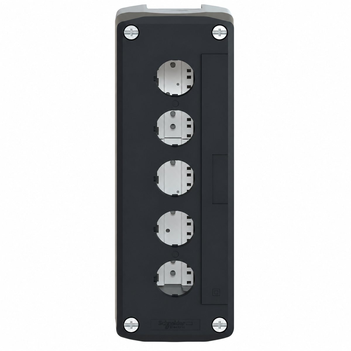 Hộp điều khiển rỗng 5 lỗ Harmony XAL Schneider trên nền trắng, ảnh sản phẩm chính diện
