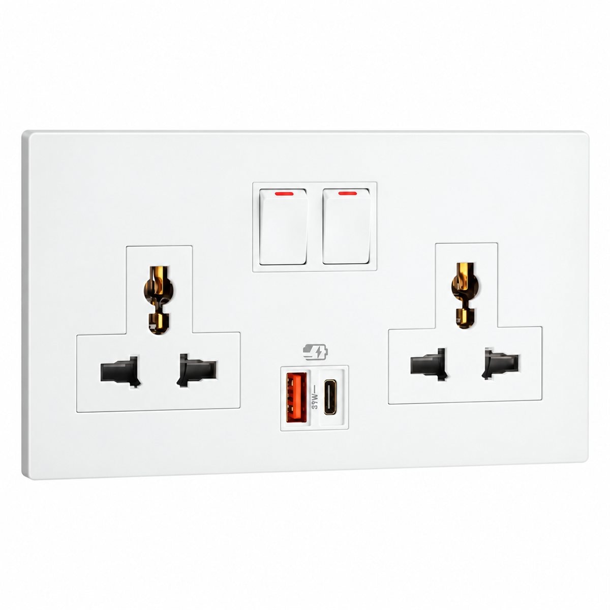 Ổ cắm đôi đa năng có công tắc và ổ sạc Type A+C Obria Legrand trên nền trắng, ảnh sản phẩm chính diện